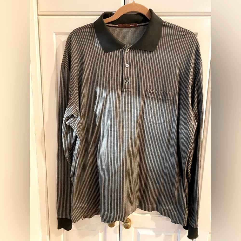 BALLY brown stripes Polo Shirt pocket 100% cotton Long sleeves Men's US 46